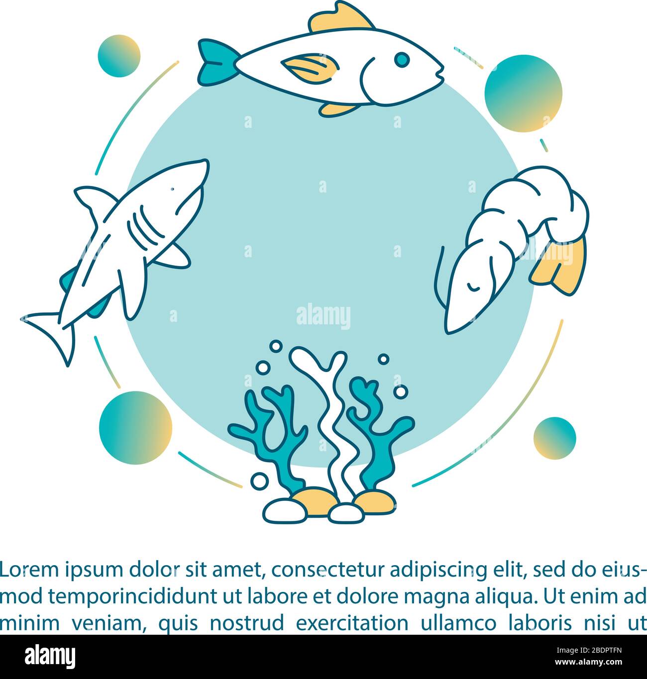 Icona del concetto di catena alimentare acquatica con testo. Alghe, plancton e pesce. Modellazione ecologica. Modello di vettore di pagina PPT. Brochure, riviste, opuscoli Illustrazione Vettoriale