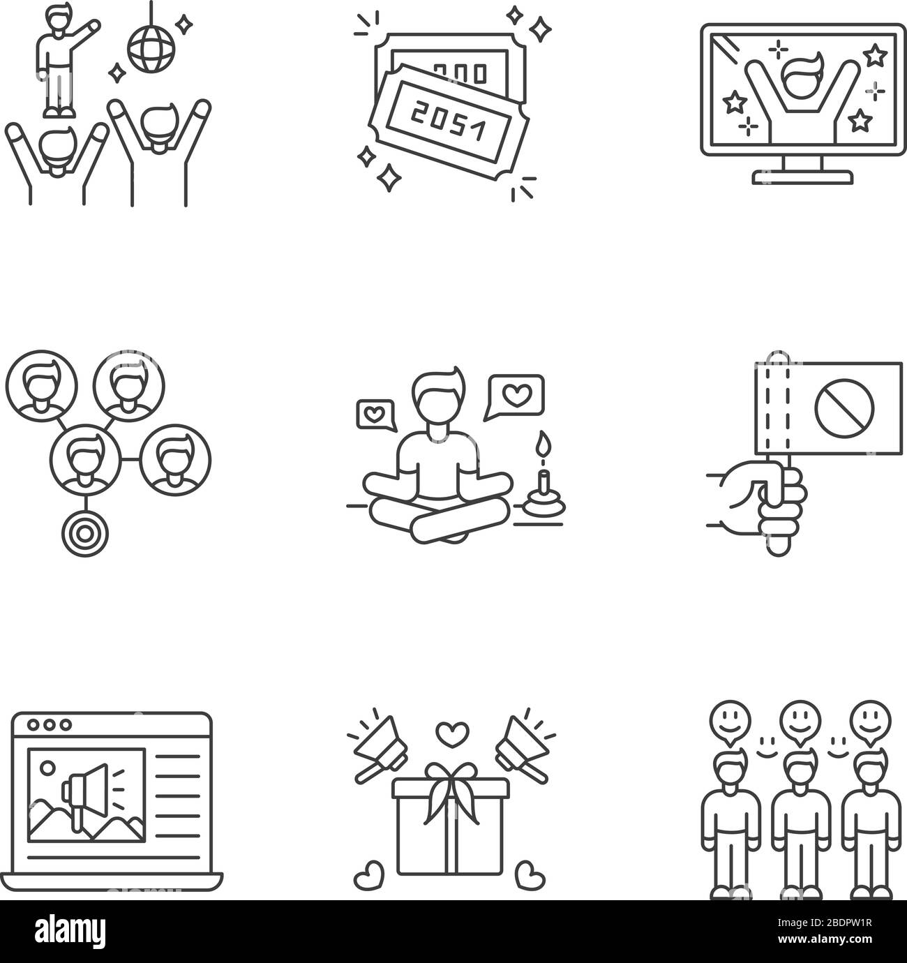 Pixel promozione social media perfetto icone lineari set. Riunione dei fan. Biglietti per lotterie. TV Reality show. Simboli di contorno a linea sottile personalizzabili. Isolato Illustrazione Vettoriale