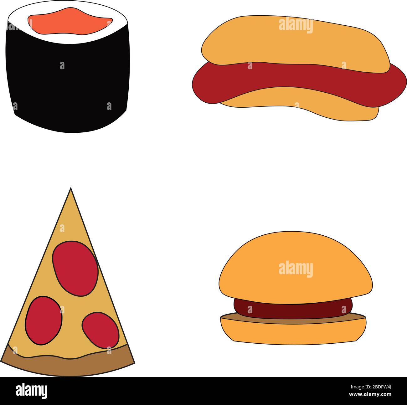 Fast food minimalista. Pizza e hamburger. Hot dog e sushi. Design per caffè, ristorante e menu, volantini, pubblicità e stampa. Illustrazione Vettoriale