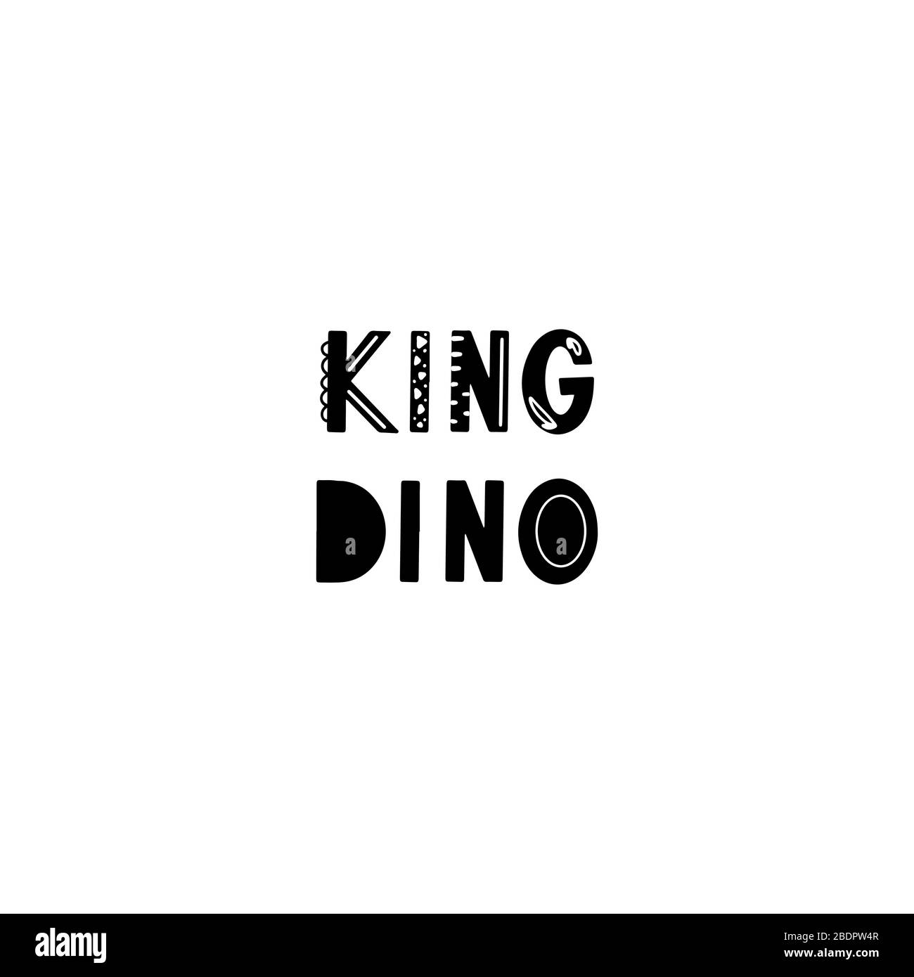 Divertente testo scritta per bambini King Dino con elementi disegnati a mano in stile scandinavo per poster, bambini nido design. Illustrazione vettoriale. Illustrazione Vettoriale