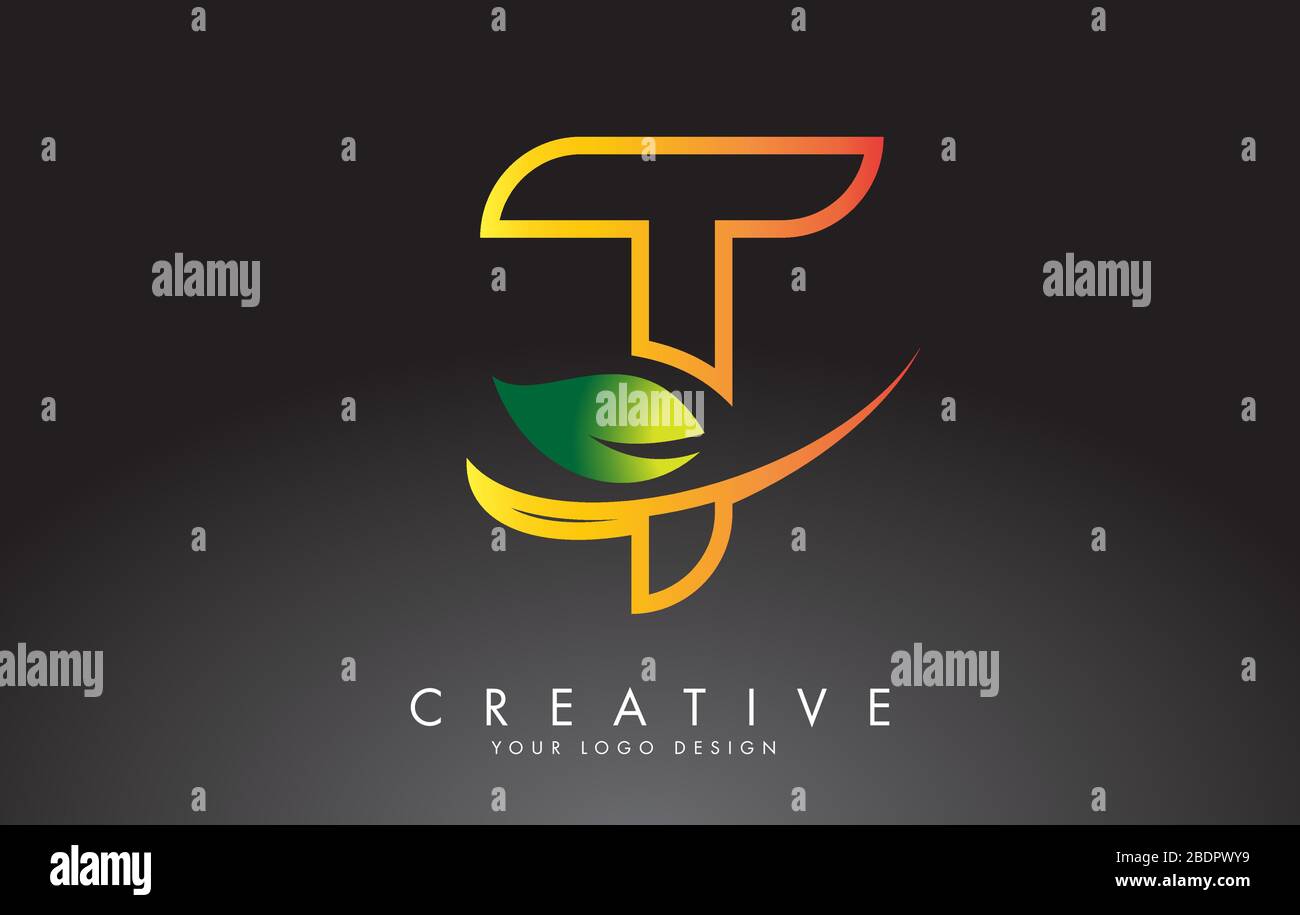 Logo Monogram T Letter con foglia verde. Eco e Organic Letter Vector Illustration. Illustrazione Vettoriale