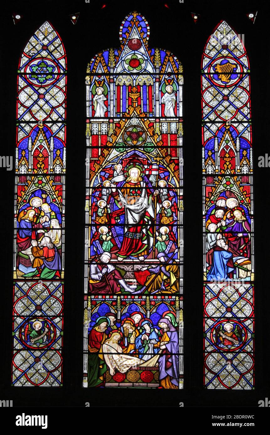 Vetrate nella Cattedrale di Chester che raffigura scene della vita di Gesù Foto Stock