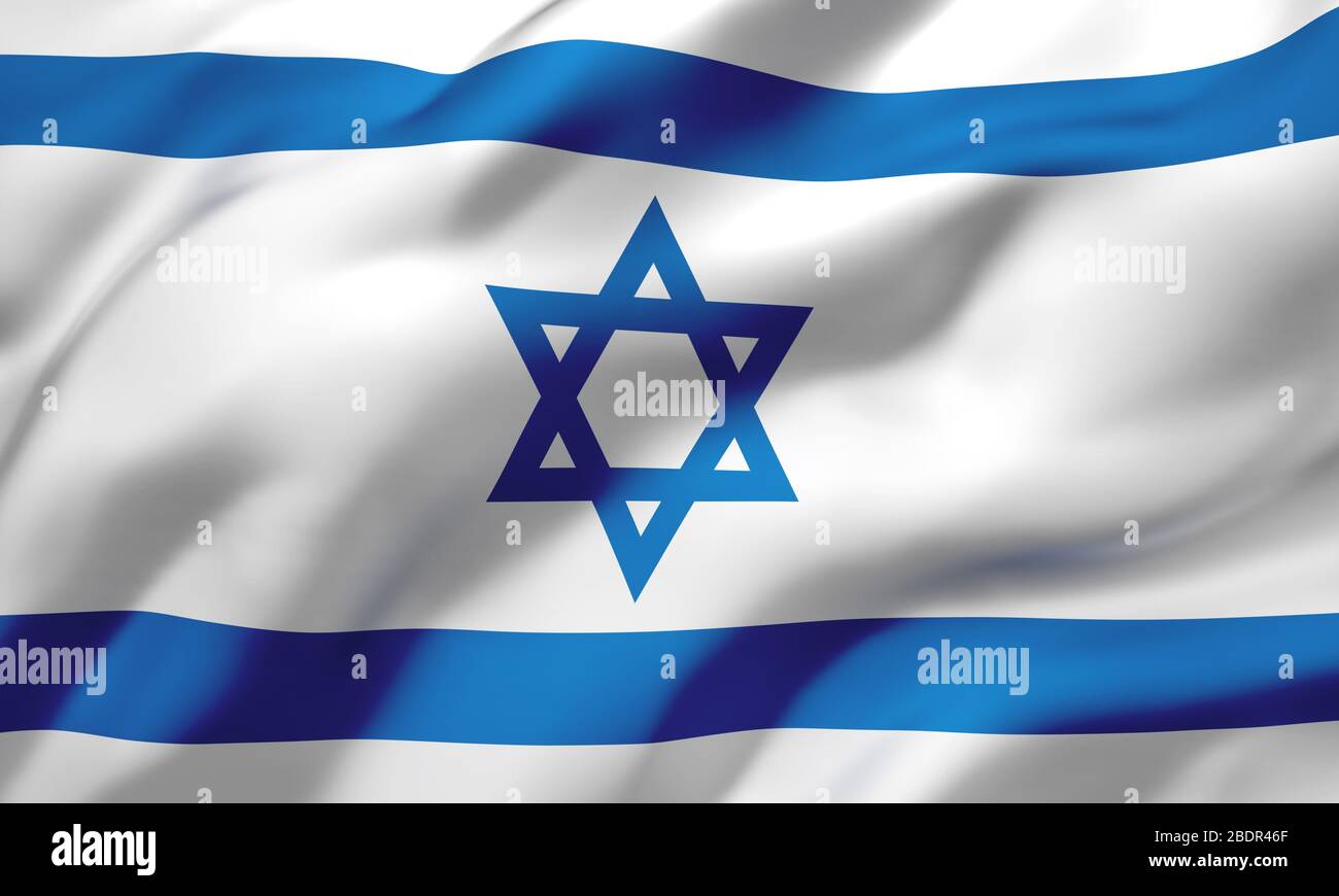 Bandiera di Israele che soffia nel vento. Bandiera israeliana a pagina intera. Illustrazione 3D. Foto Stock