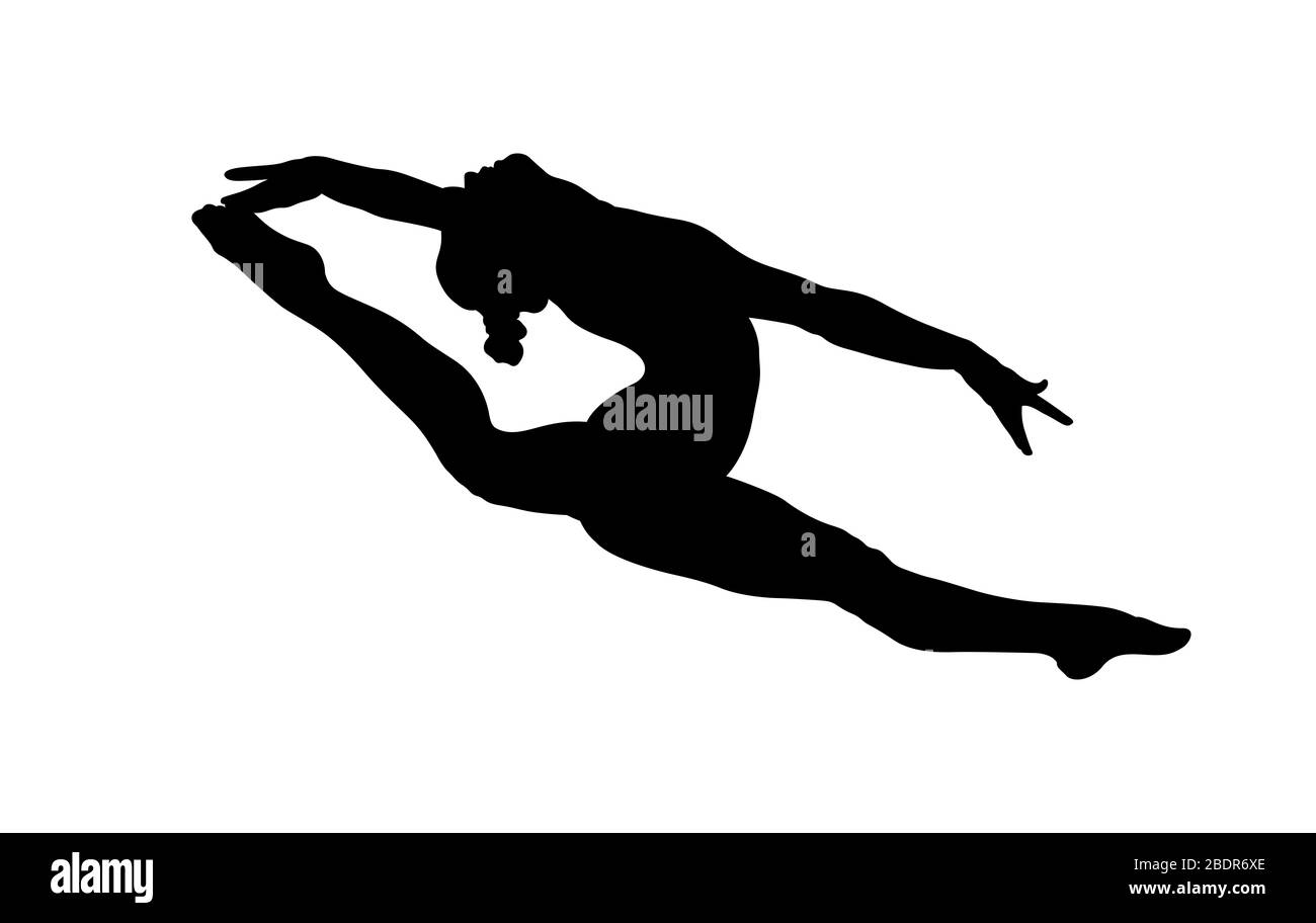 ragazza ginnastica spaccata in ginnastica salto. silhouette nera Foto Stock