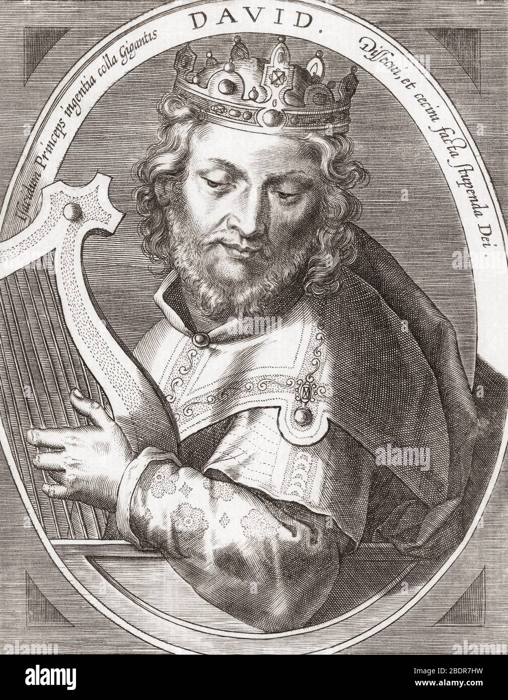 Re Davide, re d'Israele, con la sua arpa. Foto Stock