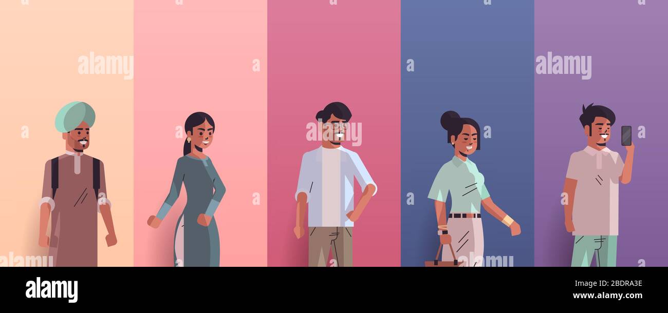 set indian uomini donne avatar sorridente maschio femmina cartoon personaggi raccolta orizzontale ritratto vettore illustrazione Illustrazione Vettoriale