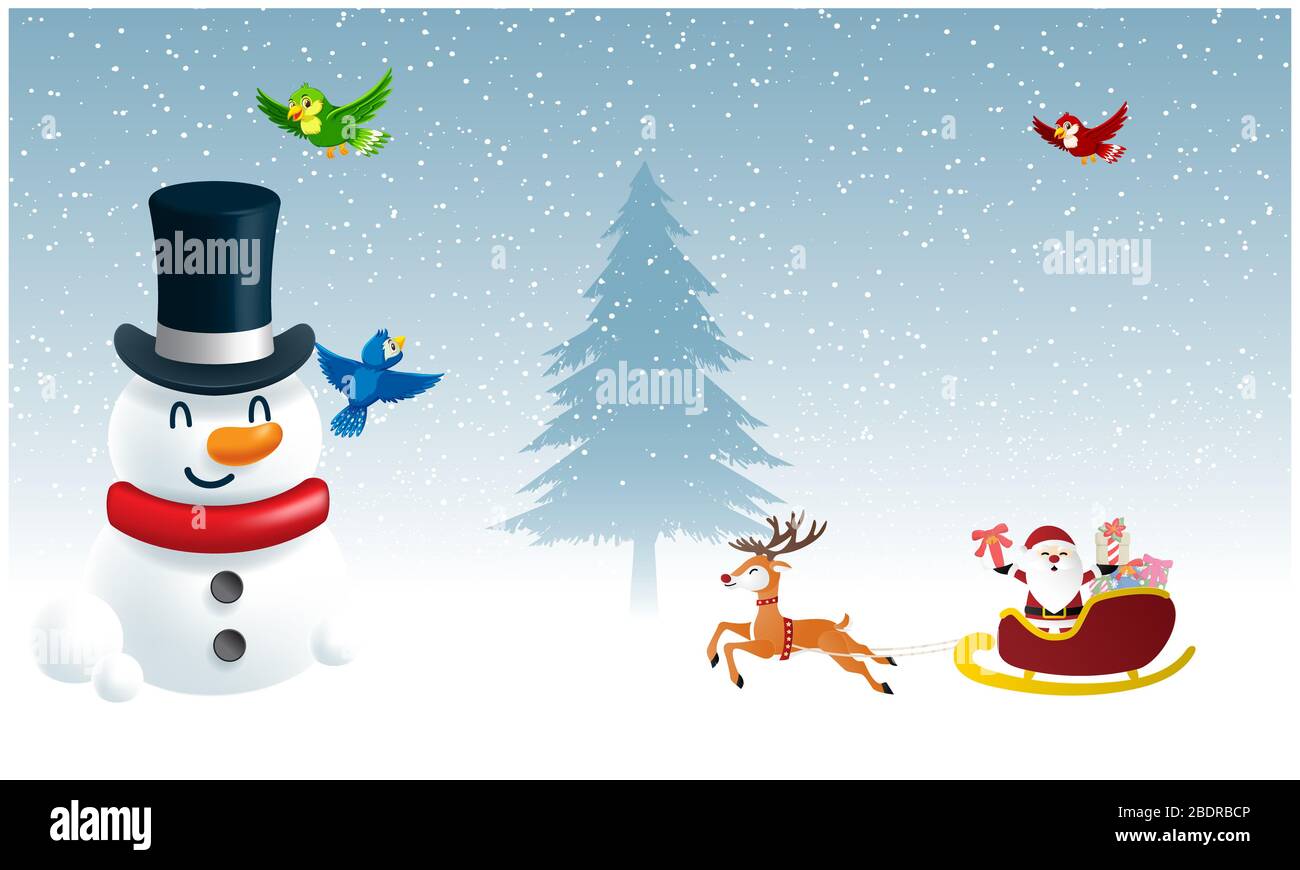 Uccelli e animali si godono in inverno con snowman e Santa sulla neve Foto Stock