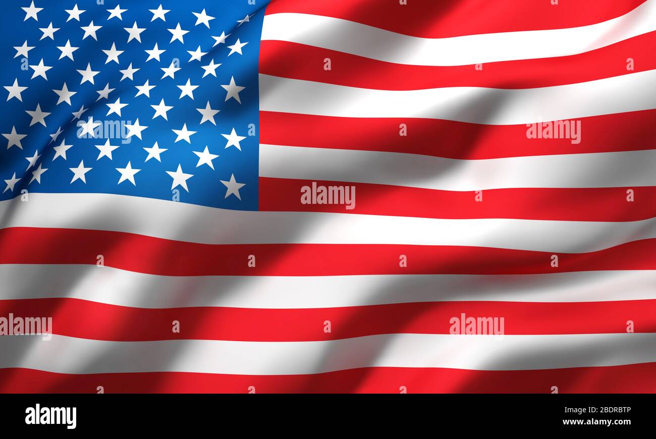 Bandiera degli Stati Uniti d'America che soffia nel vento. Bandiera degli Stati Uniti d'America a pagina intera. Illustrazione 3D. Foto Stock