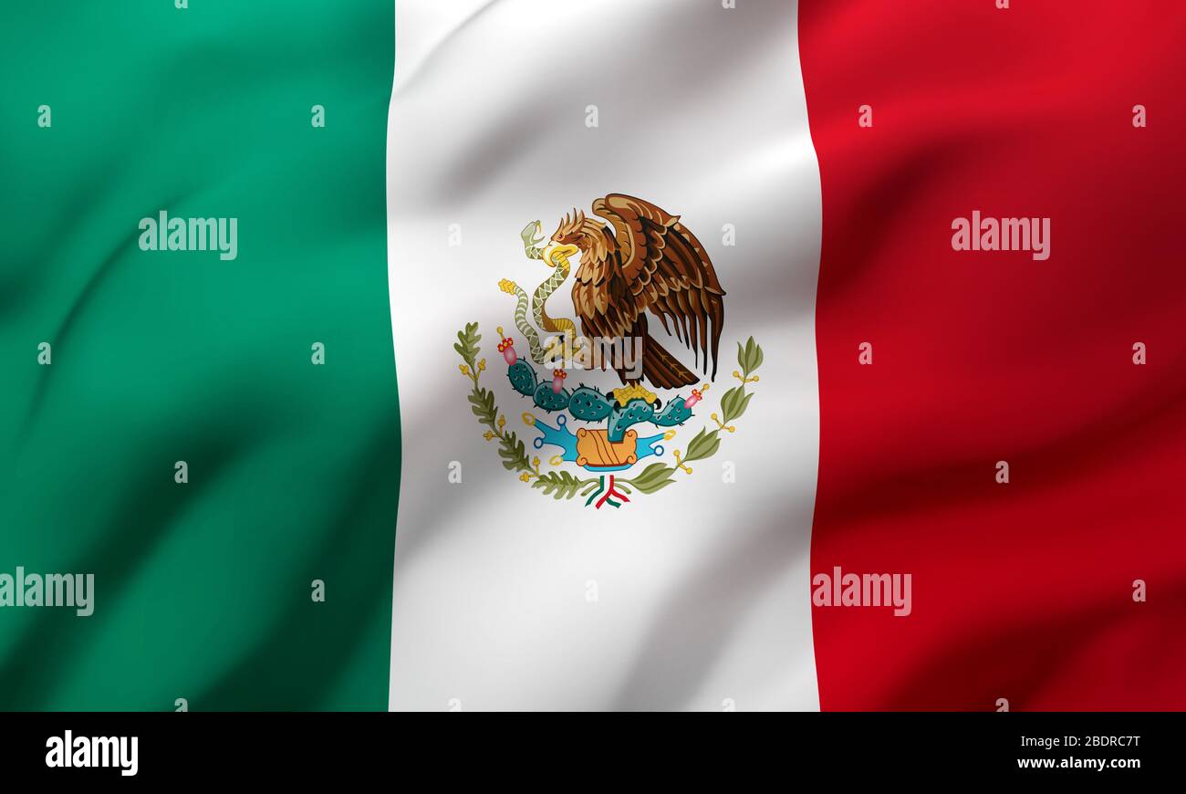 Bandiera del Messico che soffia nel vento. Bandiera di volo messicana a pagina intera. Illustrazione 3D. Foto Stock
