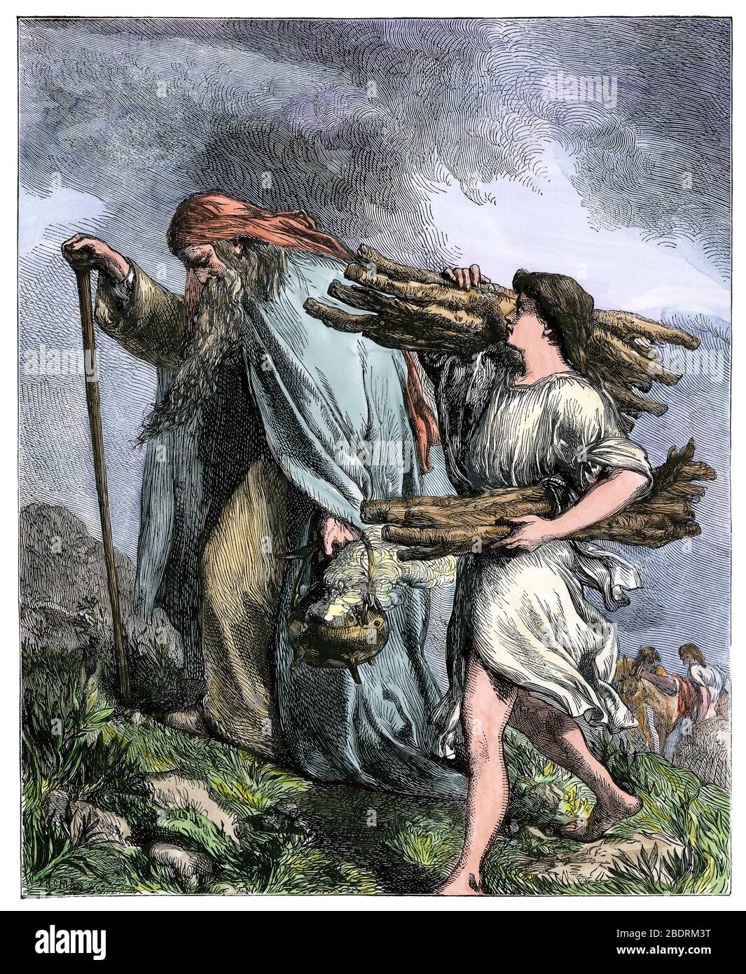 Abrahamo, che conduce Isacco, ad essere sacrificato sul Mt. Moriah. Mezzitoni colorati a mano di un'illustrazione Foto Stock