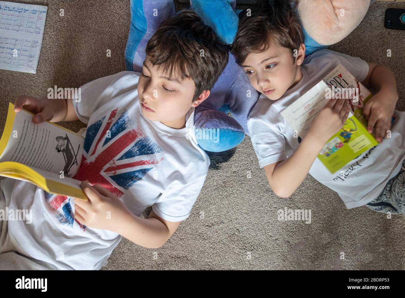 I giovani fratelli si trovano sul pavimento leggendo i loro libri. Ciò è durante la pandemia di coronavirus e la lettura id una buona attività educativa. Foto Stock