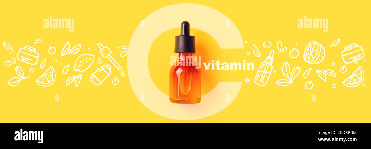 Bottiglia di vetro per cosmetici, sieri e oli con vitamina C su sfondo giallo immagine con icone stile Doodle immagine piatto Foto Stock