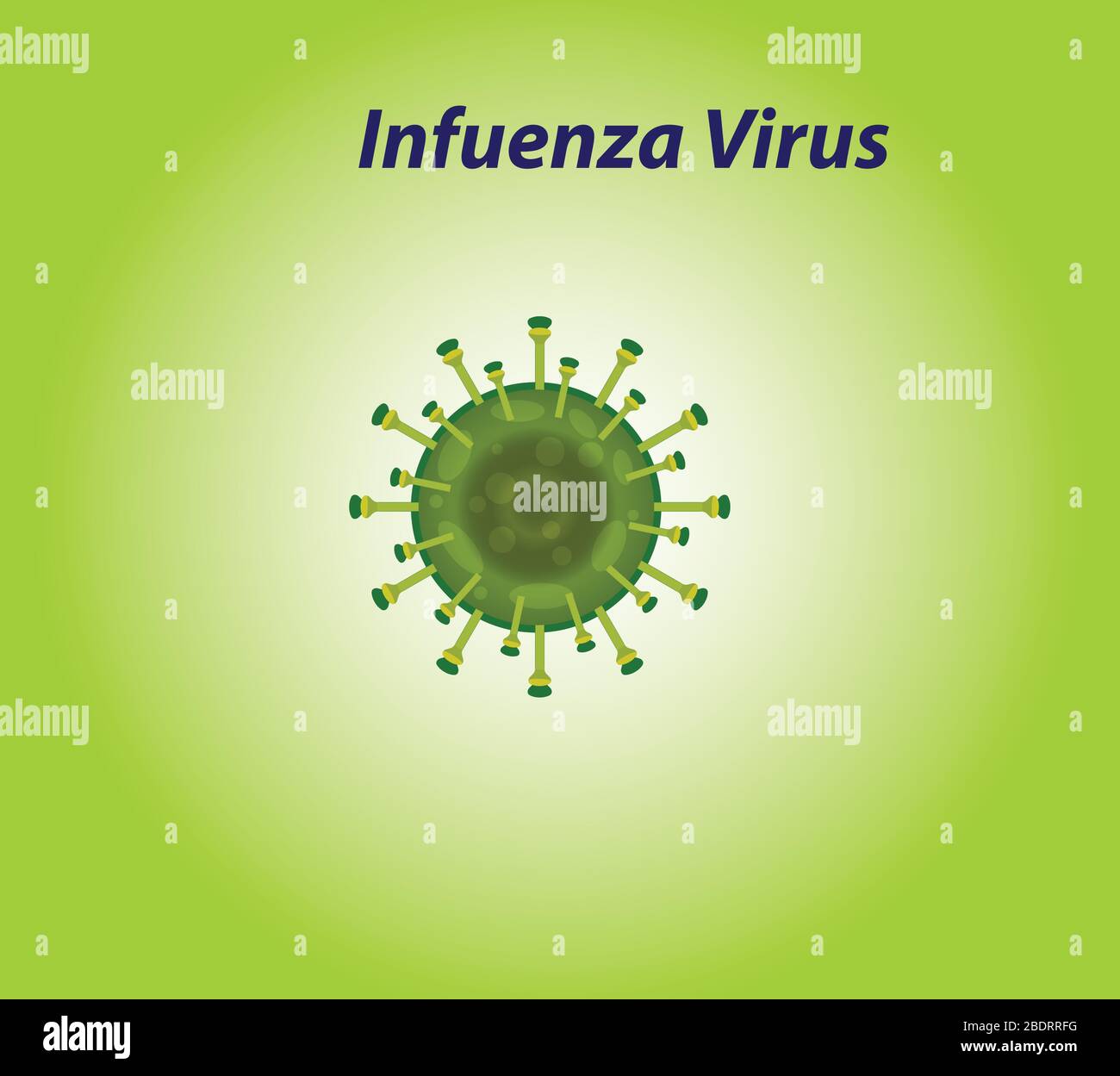 Illustrazione del vettore di coronavirus del virus Covid-19. visualizzazione 3d del virus dell'influenza corona. Virus verde con sfondo verde. Illustrazione Vettoriale