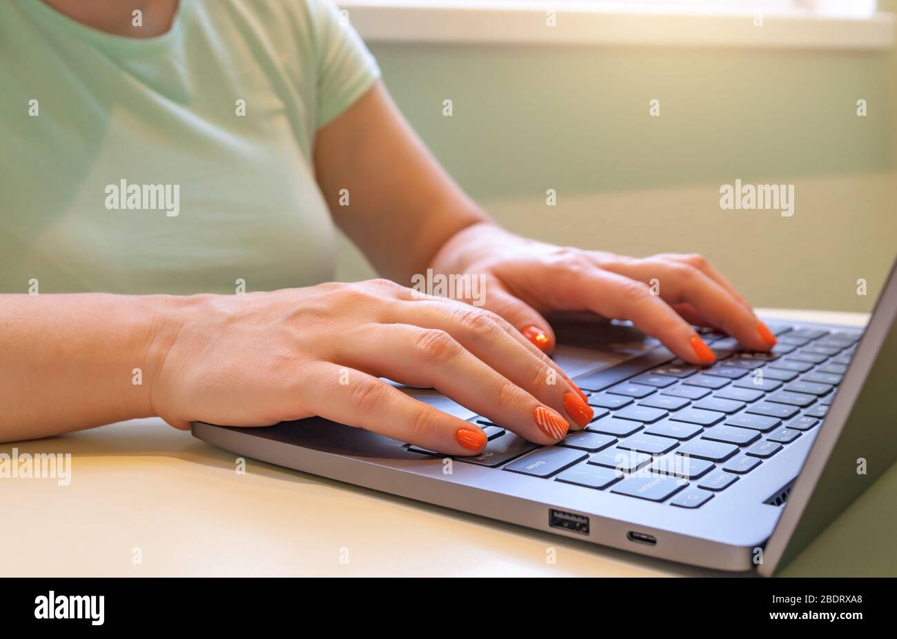 Primo piano delle mani di una donna che digita sul computer portatile. Foto Stock