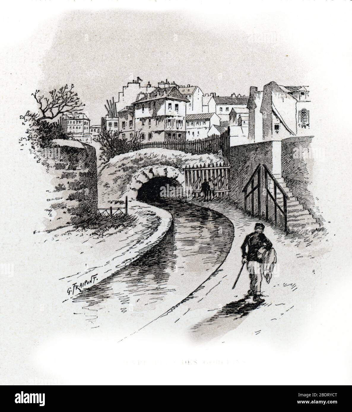 'Vue de la Bievre pres des Gobelins, paris' (Vista del fiume Bievre nel distretto di Gobelins, Parigi) Dessin de Gustave Fraipont (1849-1923) Tire de Foto Stock
