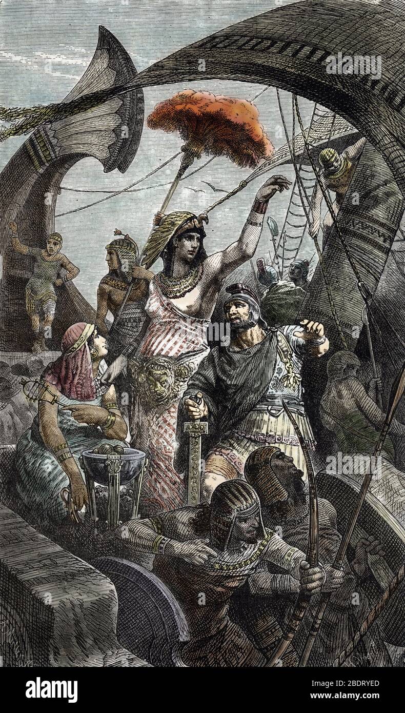 Antichite, guerre civile romaine : la reine egyptienne Cleopatre VII Thea Philopator (69-30 Avant JC) Lors de la bataille d'Actium dans le Golfe Ambra Foto Stock