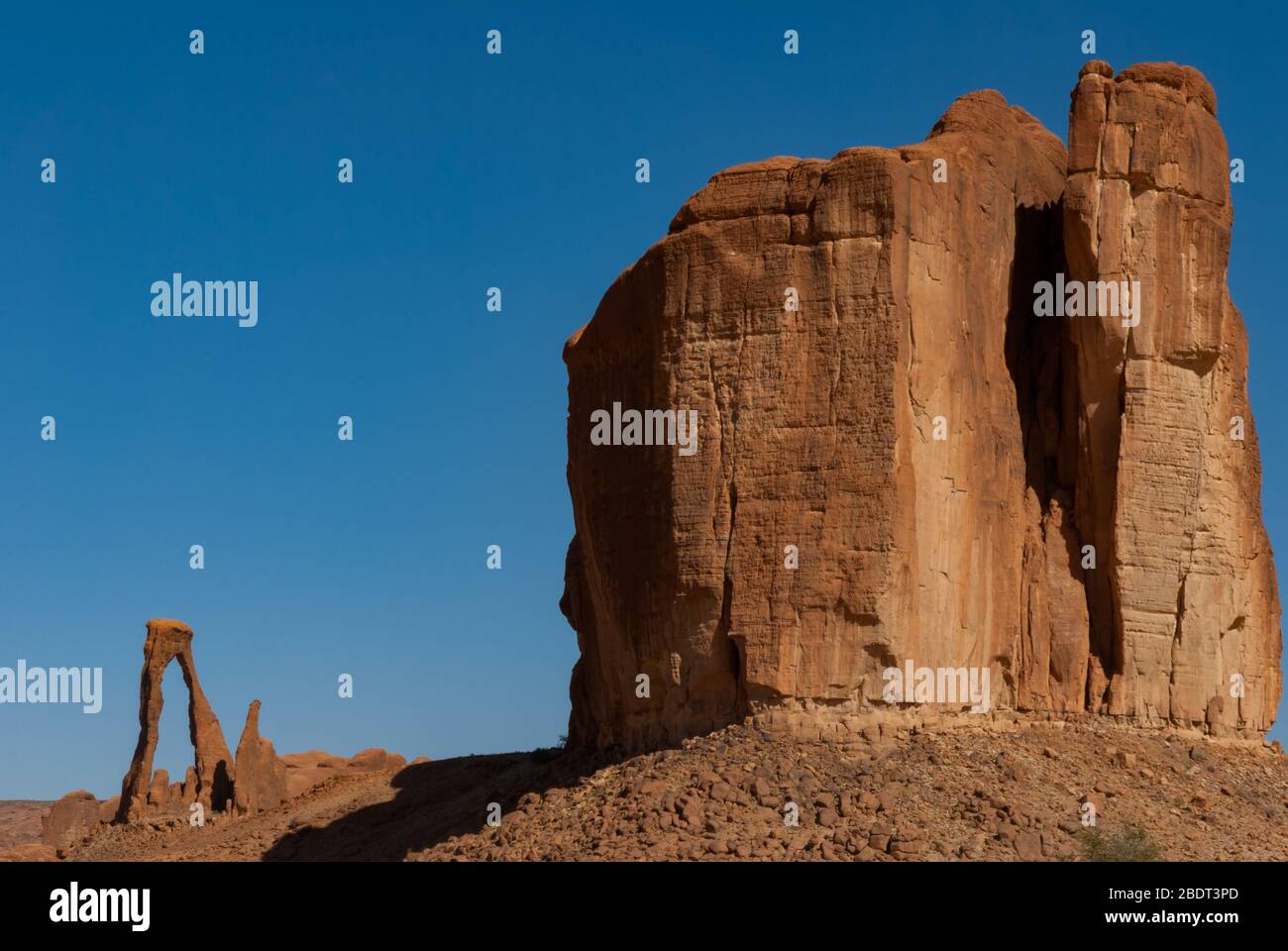 Formazione astratta di rocce a Ennedi plateau, uno in forma lira sullo sfondo, nel deserto del Sahara, Ciad, Adrica Foto Stock