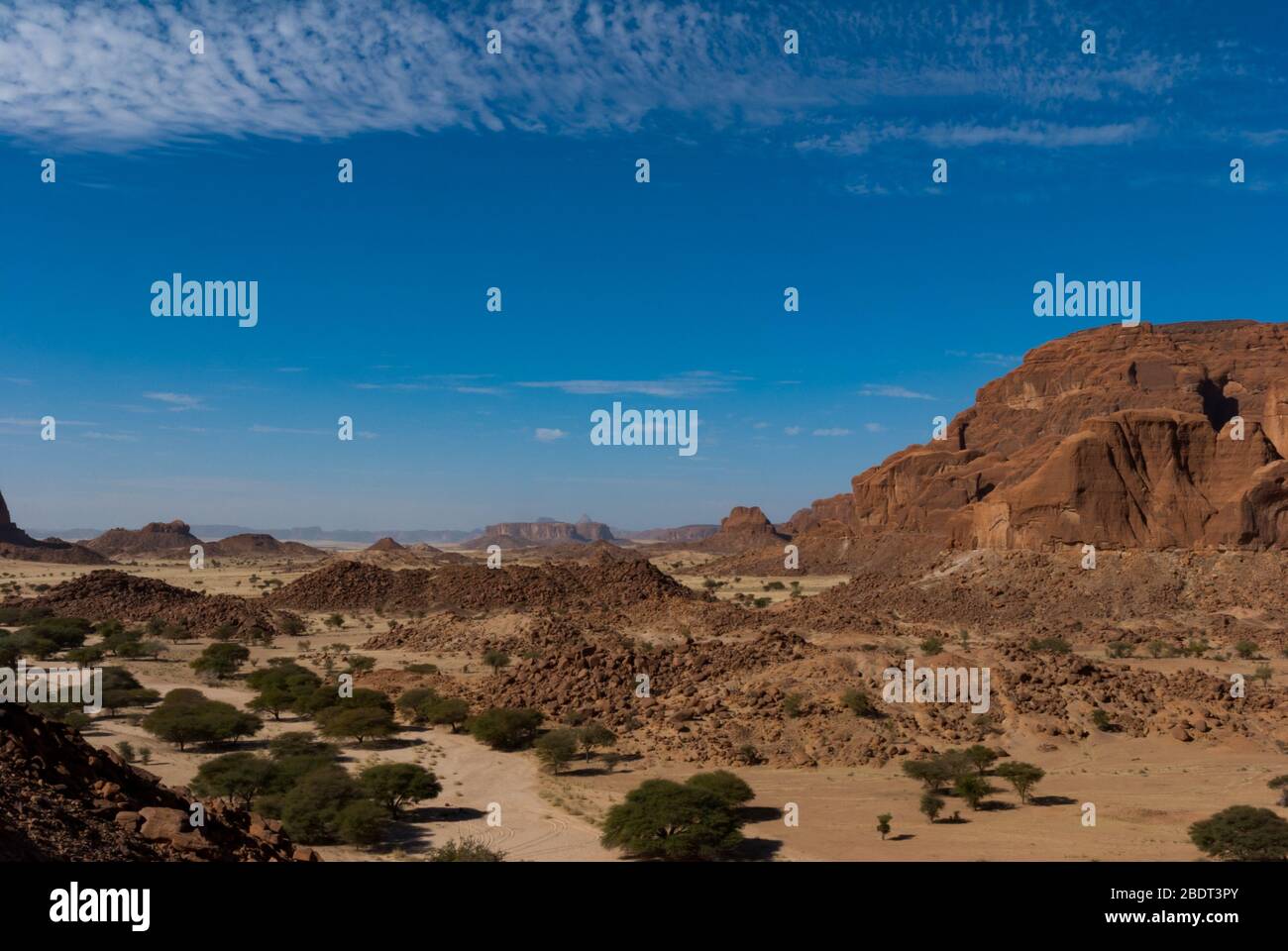 Formazioni rocciose naturali, alberi e capanna di nomade, altopiano di Ennedi nel Sahara dessert, Ciad, Africa Foto Stock