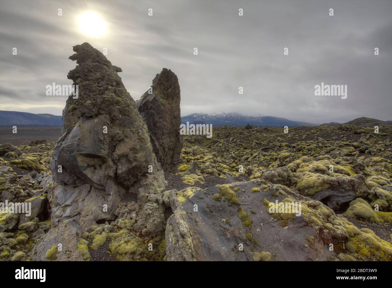 Campo di lava sotto il vulcano Hekla attivo nel parco nazionale Landmannalaugar, nelle alture dell'Islanda Foto Stock