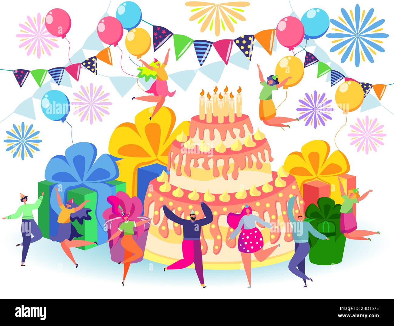 Buon Compleanno Festeggiamenti Con Gli Amici Confetti Per L Anniversario Con Allegri E Divertenti Cartoni Animati Immagine E Vettoriale Alamy