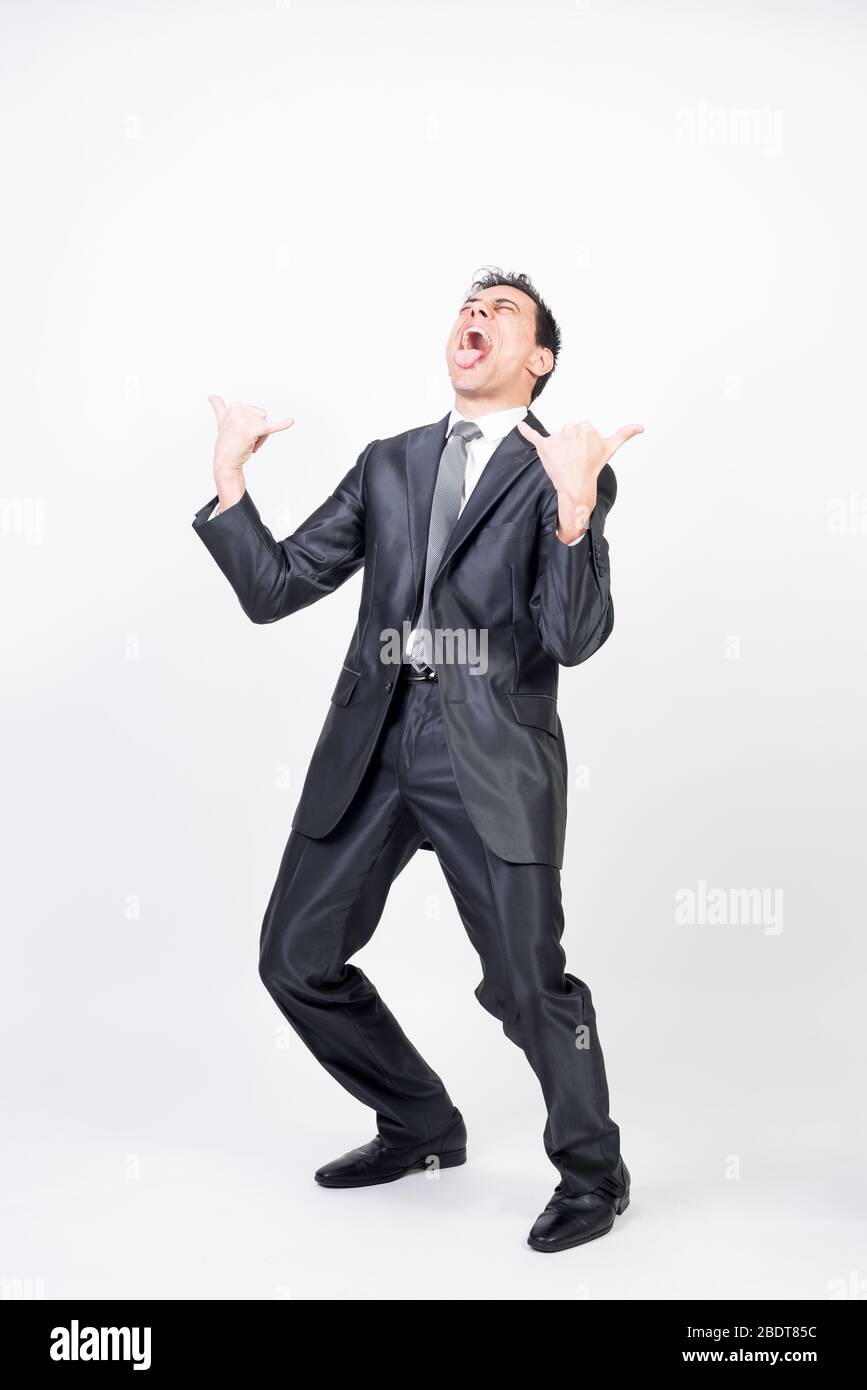 Uomo a bilanciere in tuta. Sfondo bianco, corpo intero Foto Stock