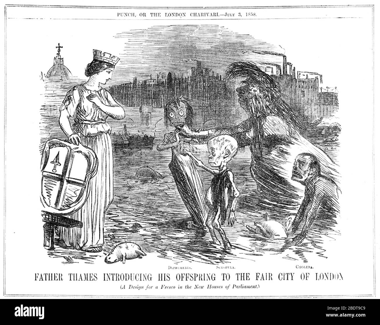 PADRE TAMIGI PRESENTA LA SUA PROLE NELLA CITTÀ FIERISTICA DI LONDRA. Un disegno per un fresco nelle nuove Case del Parlamento. Cartoon in Punch magazine 3 luglio 1858 Foto Stock