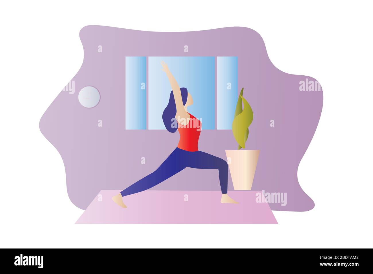 Ragazza che fa esercizio a casa in un soggiorno su un tappetino yoga. Modello sportivo femminile in esercizio, yoga a casa. Mantenere la calma durante il concetto di quarantena Illustrazione Vettoriale