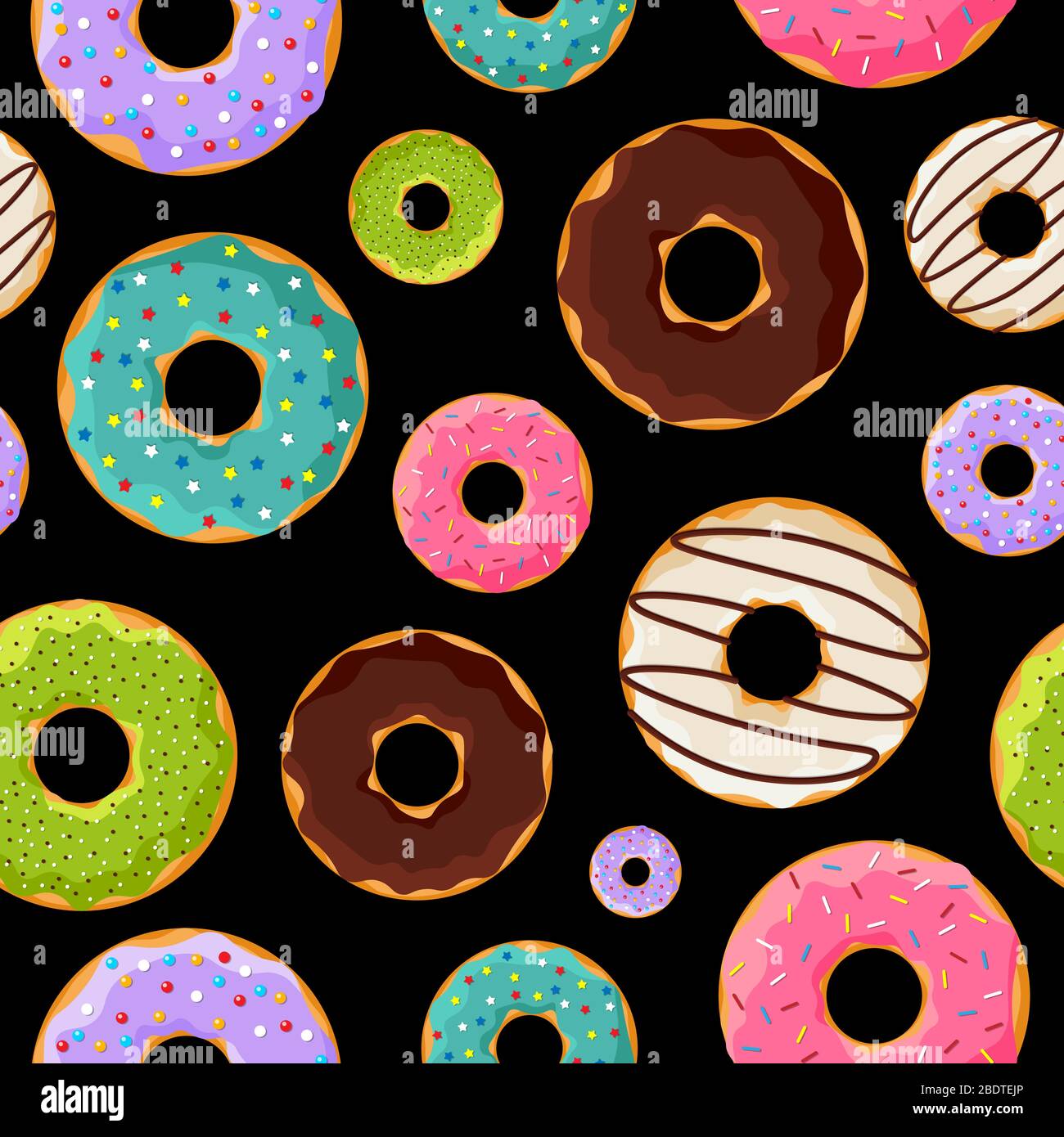 Cute colorful donuts glassato dolce motivo senza cuciture su sfondo nero. Illustrazione vettoriale ciambella da forno cibo piatto eps Illustrazione Vettoriale