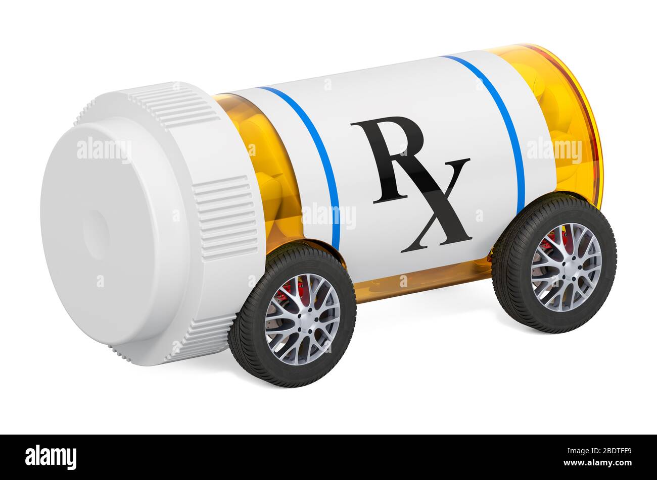 Somministrazione di farmaci. Flacone medicale con ruote per auto, rendering 3D isolato su sfondo bianco Foto Stock