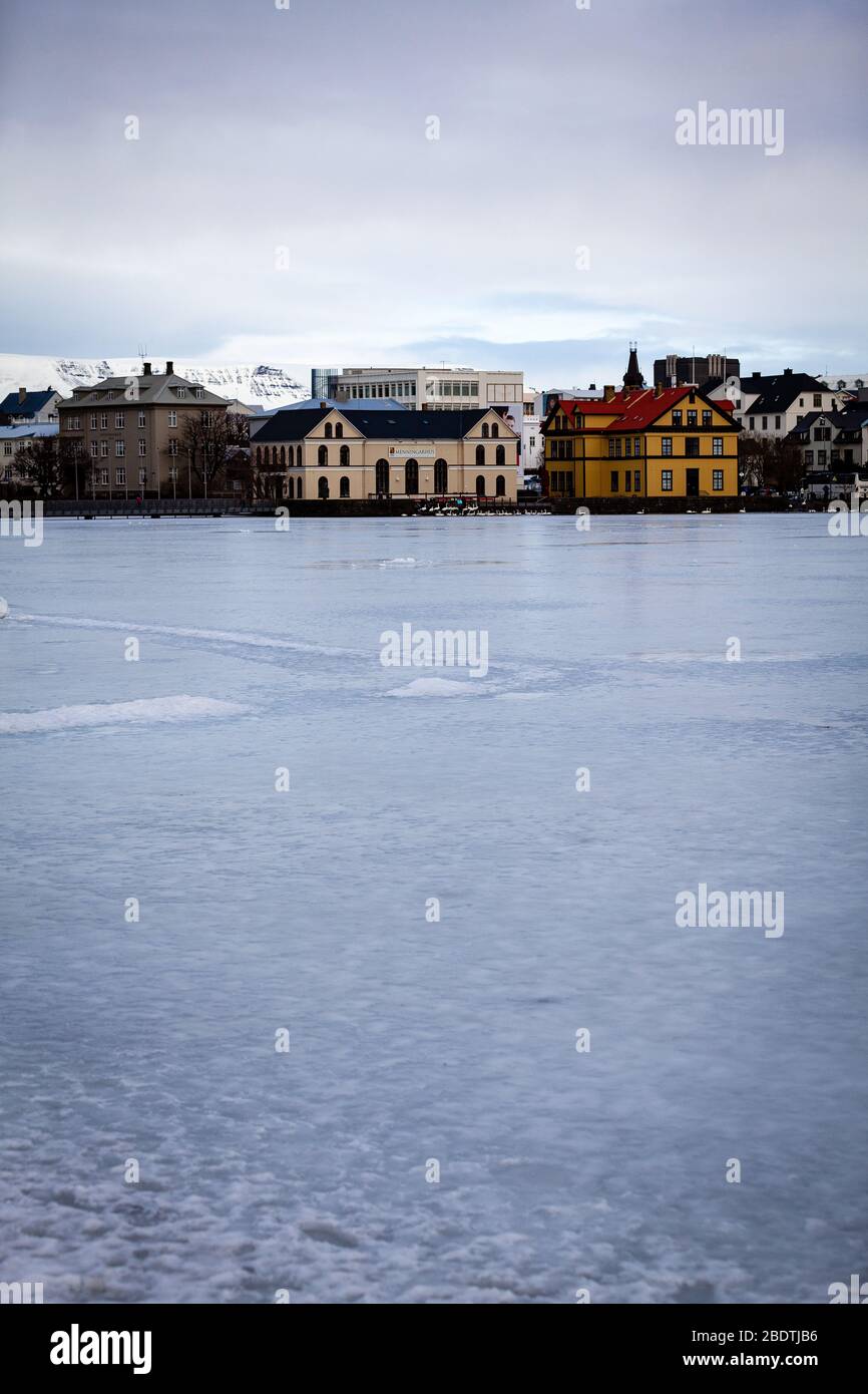 Il lago di Tjornin è congelato in inverno a Reykjavik, Islanda Foto Stock