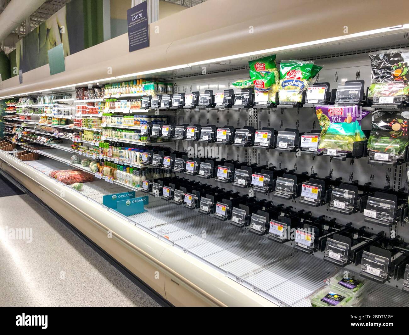 Svuotare gli scaffali di cibo in un negozio di alimentari. Foto Stock