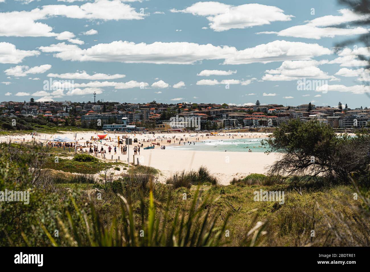 Persone che godono Maroubra Beach in una giornata estiva luminosa, come visto dall'inizio del Malabar Headland National Park Coastal Walk. Foto Stock