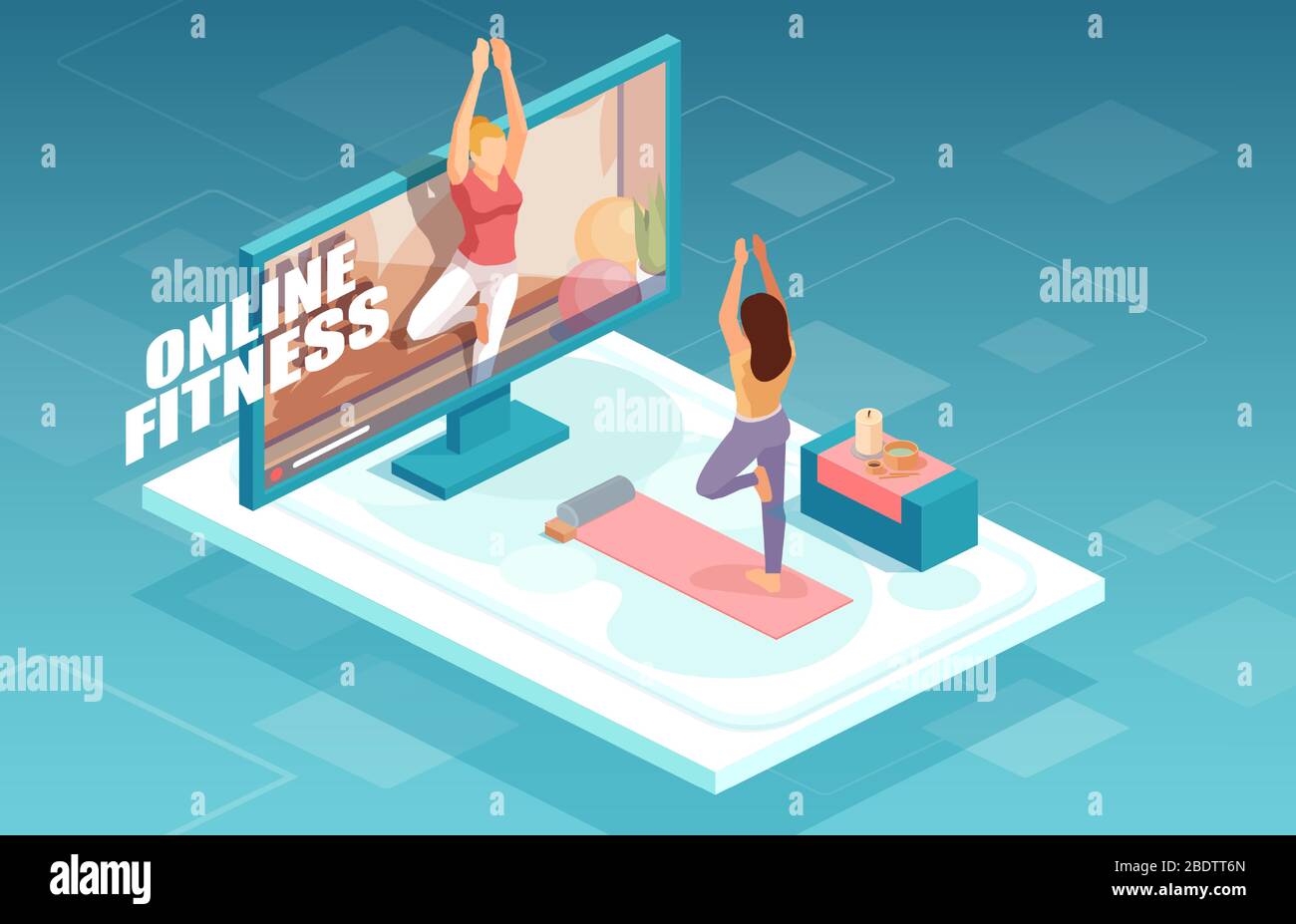 Fitness e formazione online. Vettore di una donna in forma che pratica yoga insieme con istruttore di fitness sullo schermo TV. Illustrazione Vettoriale