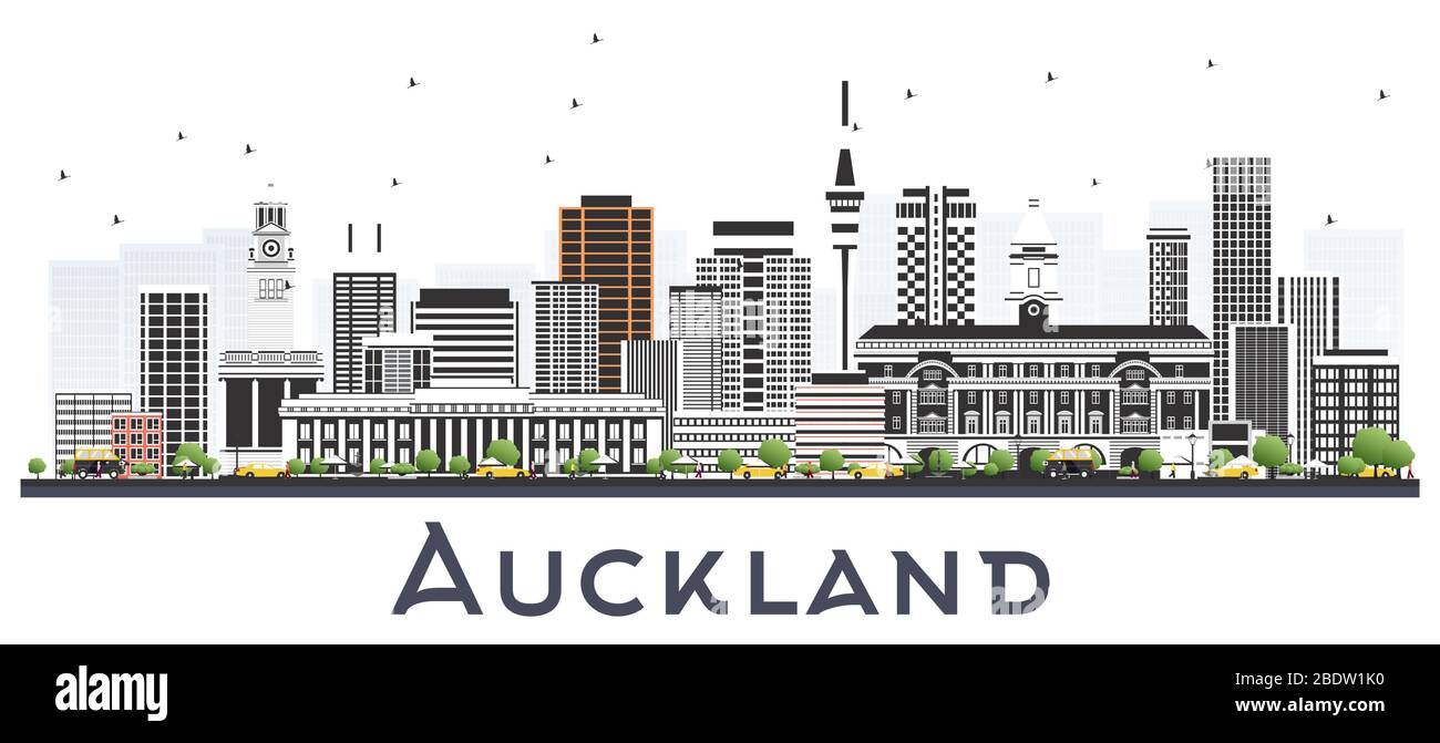 Auckland New Zealand City Skyline con edifici grigi isolati in bianco. Illustrazione vettoriale. Illustrazione Vettoriale