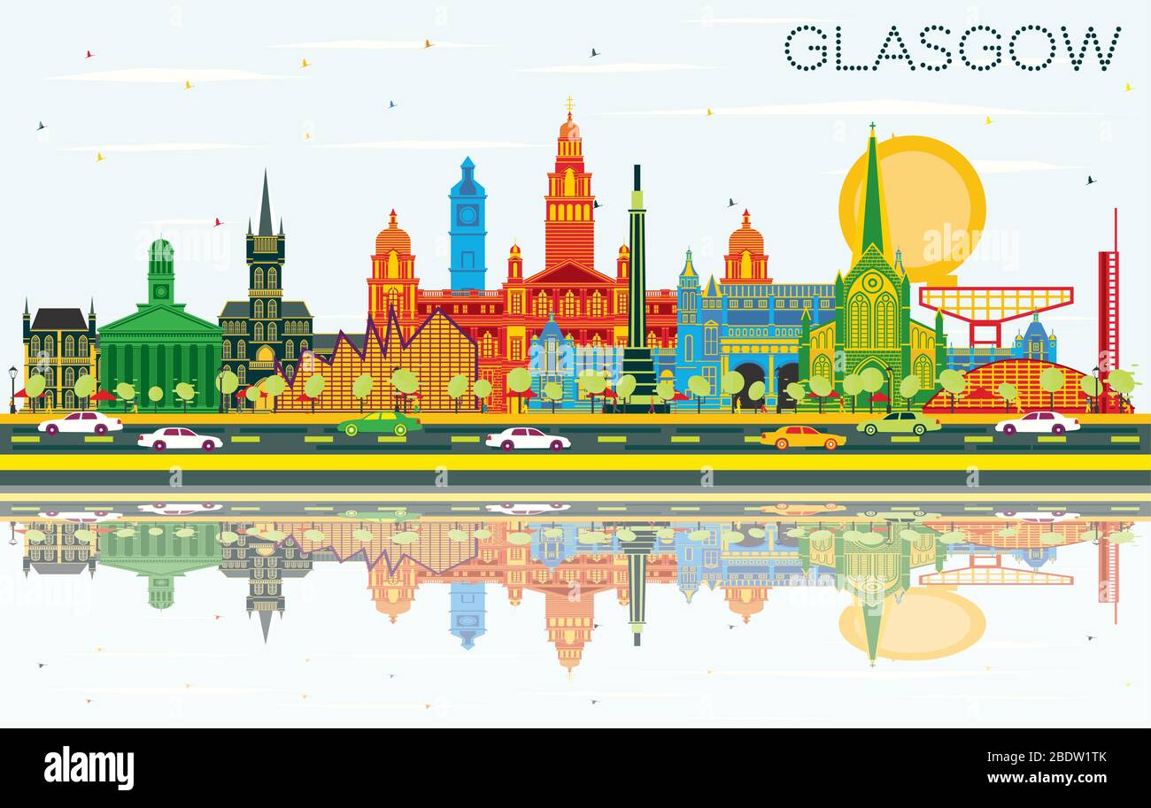 Glasgow Scotland City Skyline con edifici a colori, Blue Sky e riflessi. Illustrazione vettoriale. Concetto di viaggio d'affari e turismo. Illustrazione Vettoriale