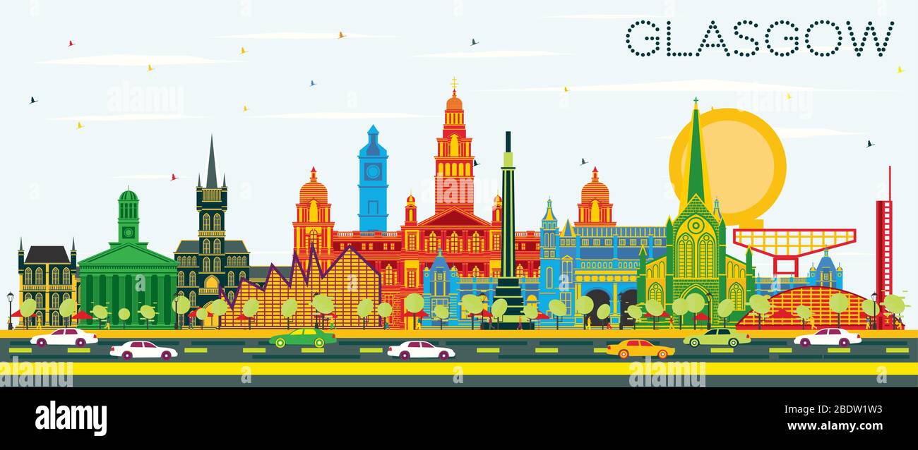 Glasgow Scozia skyline della città con edifici di colore e cielo blu. Illustrazione Vettoriale. Viaggi di affari e di turismo con il concetto di architettura storica. Illustrazione Vettoriale