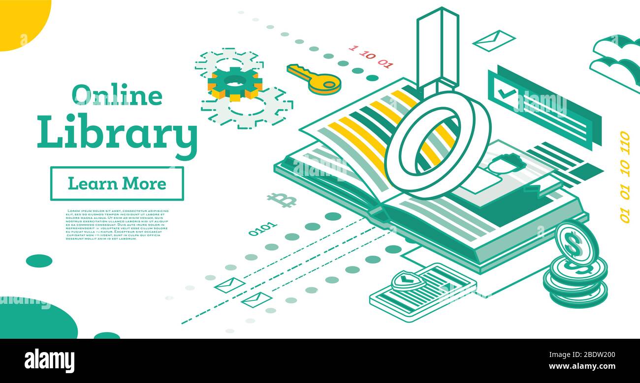 La Biblioteca online descrive il concetto di formazione isometrica. Illustrazione vettoriale. Open Book con Lentino isolato su bianco. Illustrazione Vettoriale