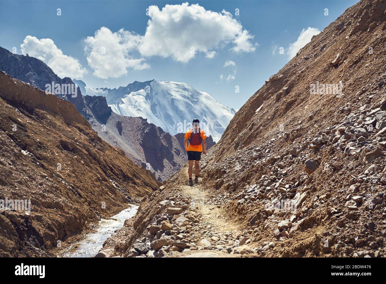 Escursionista in maglietta arancione con zaino camminando sul sentiero con vertice nevoso a sfondo Foto Stock