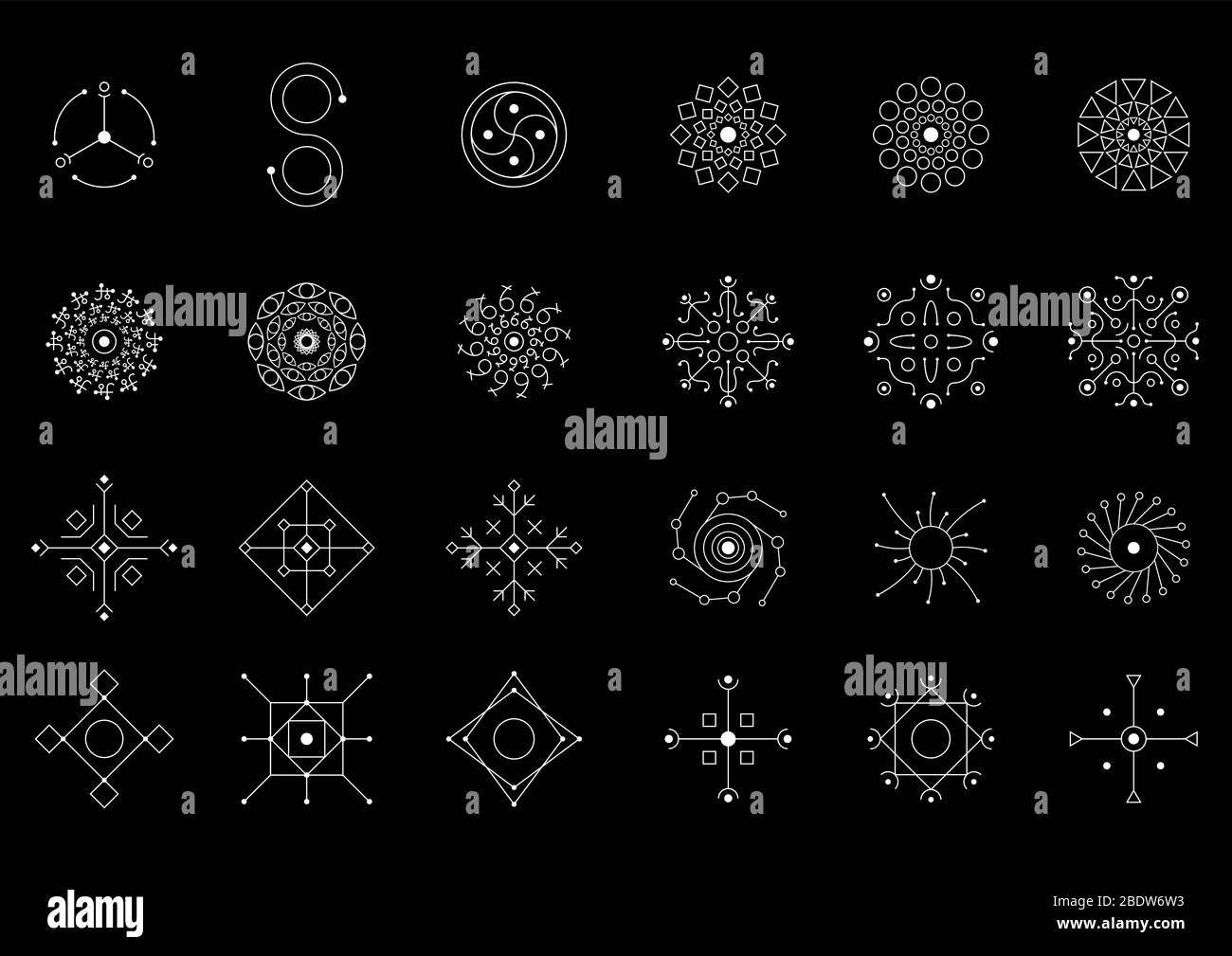 Set di simboli bianchi Magic Geometry. Simboli magici, segni oculari. Indicazioni UFO. Simboli di progettazione per puzzle, logica, giochi Metroidvania. Illustrazione vettoriale. EPS 1 Illustrazione Vettoriale