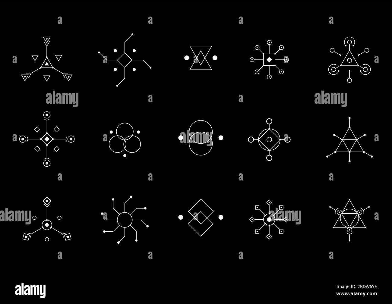 Set di simboli bianchi UFO o geometria spirituale. Figure di rhombus, quadrate, di cerchio. Simboli di progettazione per puzzle, logica, giochi Metroidvania. Scorta di vettori illust Illustrazione Vettoriale