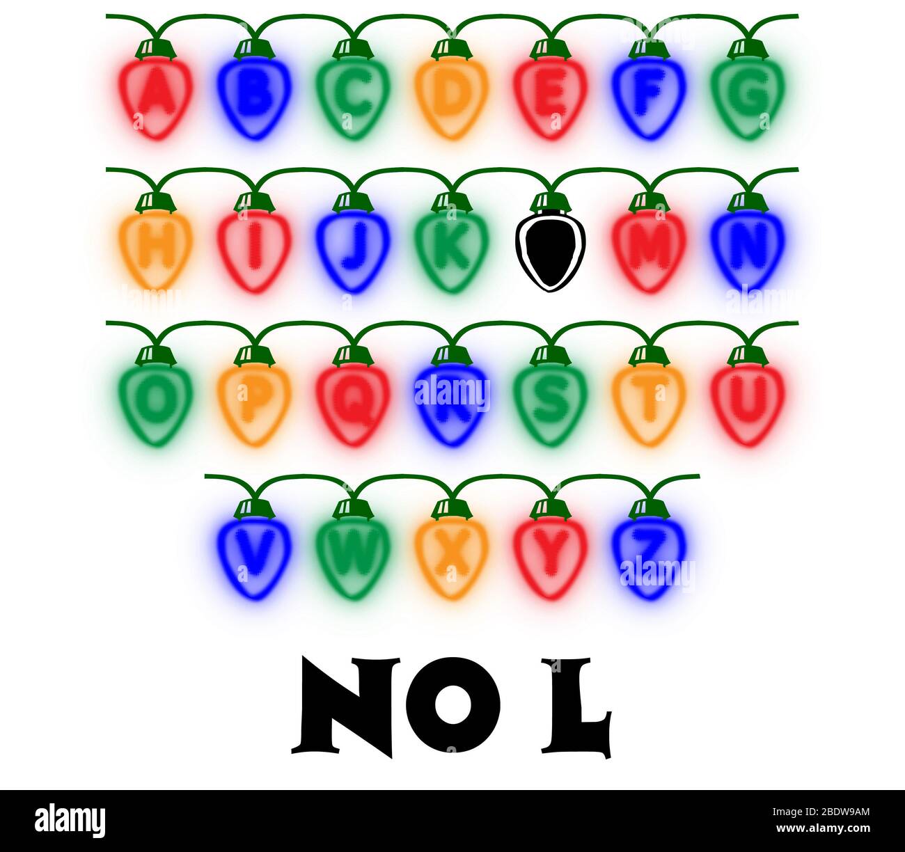 Uno scherzo grafico di una stringa di luci fata albero di Natale con lettere in, manca la lettera L, così No L, o Noel. Foto Stock