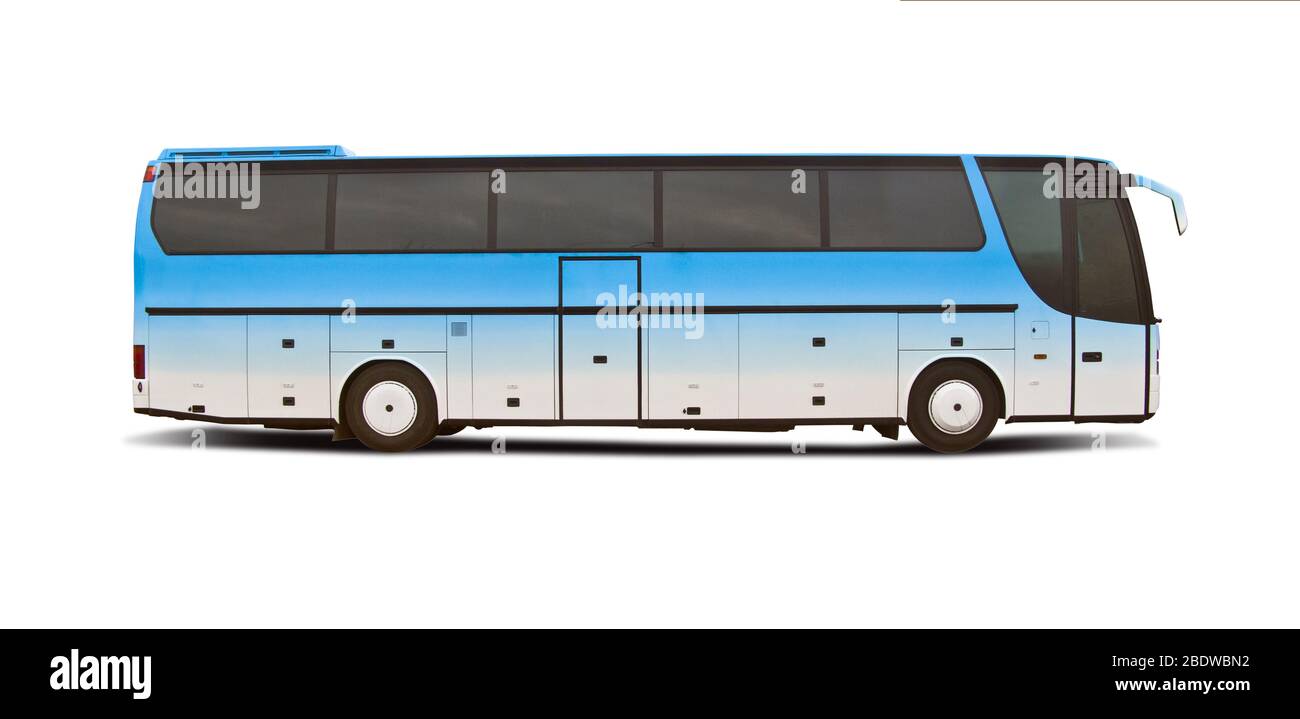 Bianco blu vista laterale bus isolato su bianco Foto Stock