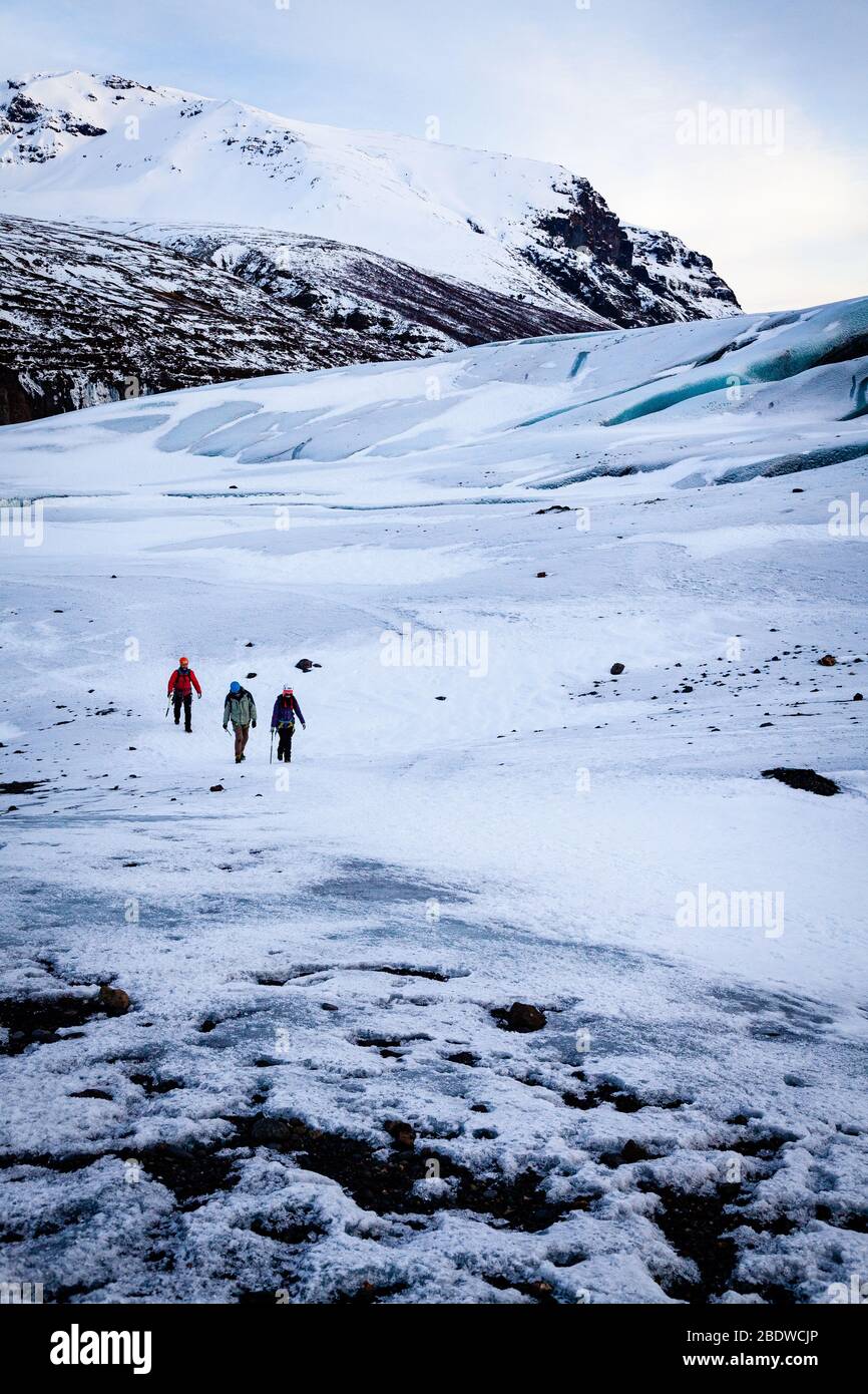 Turisti escursioni su un ghiacciaio escursione sul ghiacciaio Svinaflellsjokull un ghiacciaio outlet di Vatnajokull, Islanda meridionale Foto Stock