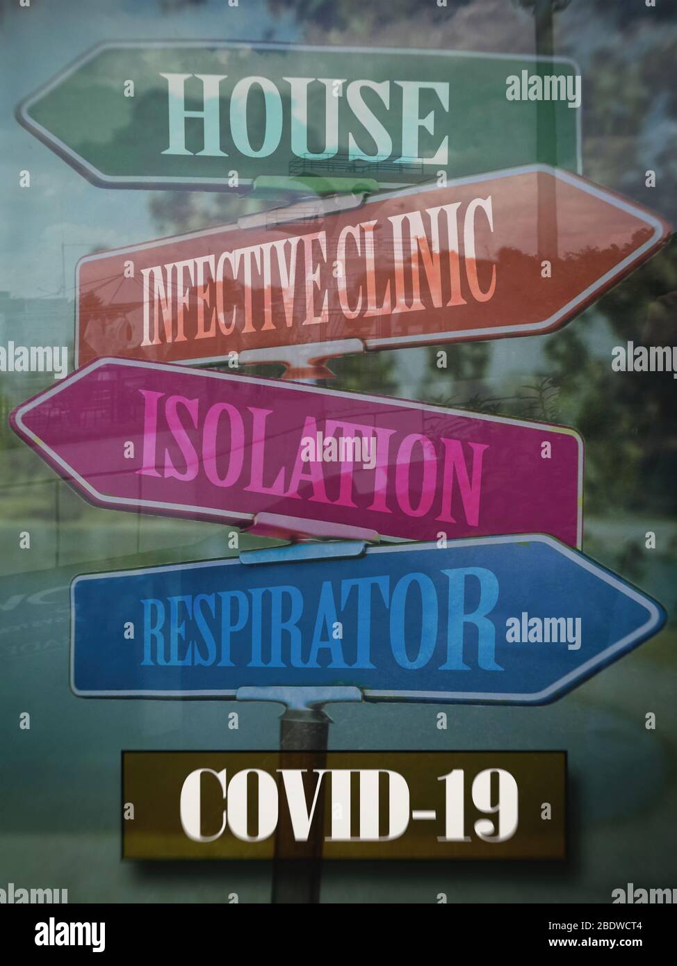 COVID-19, CORONAVIRUS, le frecce attraverso il vetro indicano la direzione del movimento: Casa - isolamento, clinica infettiva - respiratore, immagine sfocata. Foto Stock