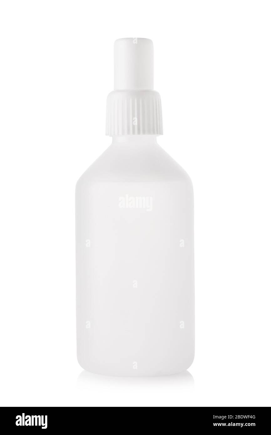 Bottiglia in plastica con antisettico isolato su fondo bianco Foto Stock