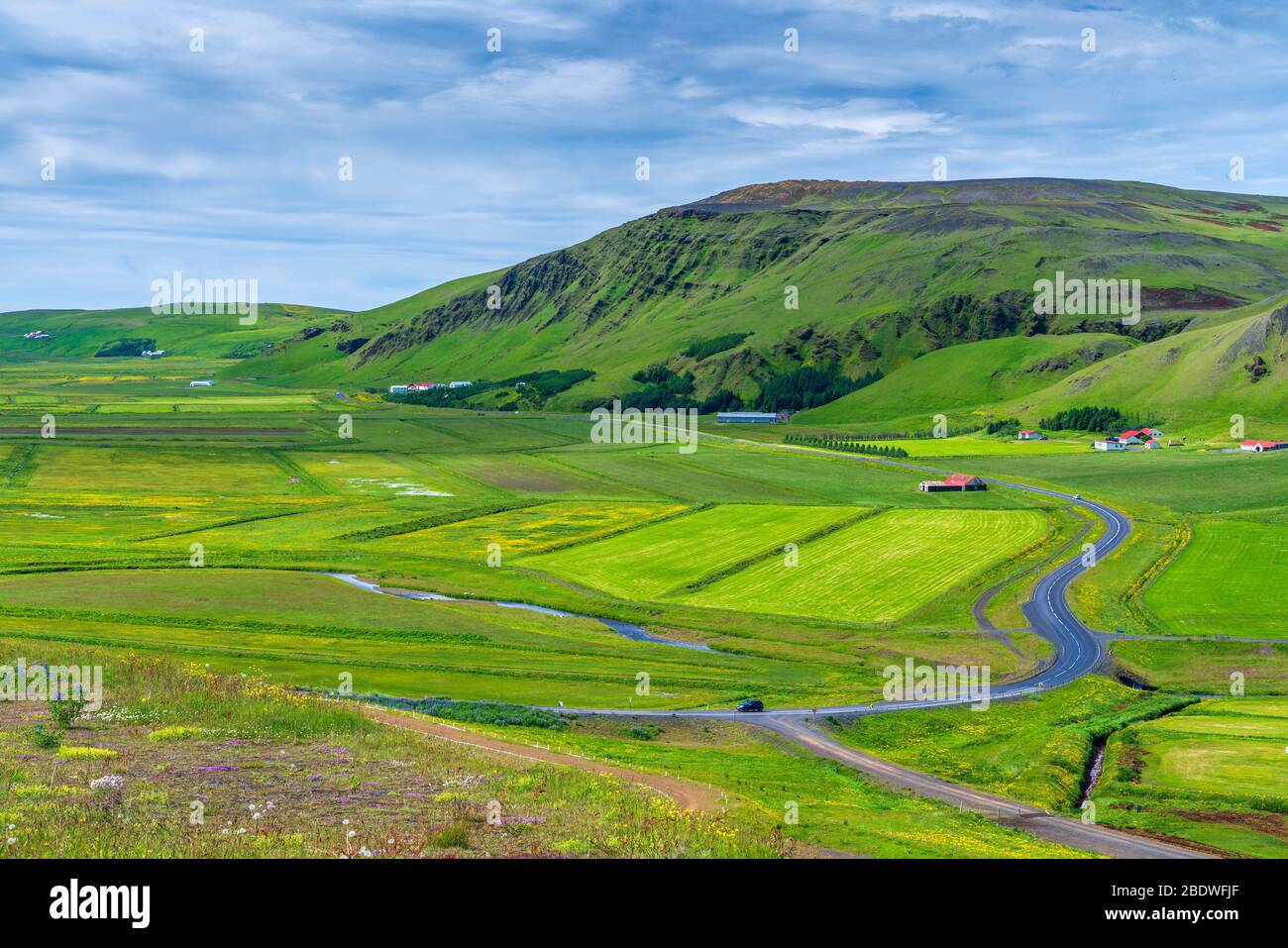 Paesaggio islandese visto dal punto di osservazione di Aurora vicino a Vik, regione meridionale, Islanda Foto Stock