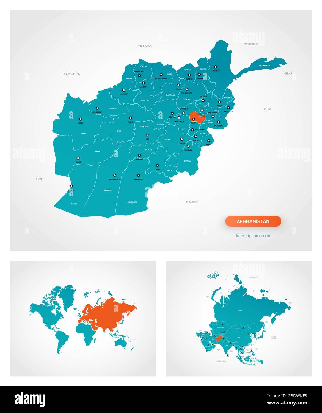 Modello modificabile di mappa dell'Afghanistan con i marchi. Afghanistan sulla mappa del mondo e sulla mappa dell'Asia. Illustrazione Vettoriale