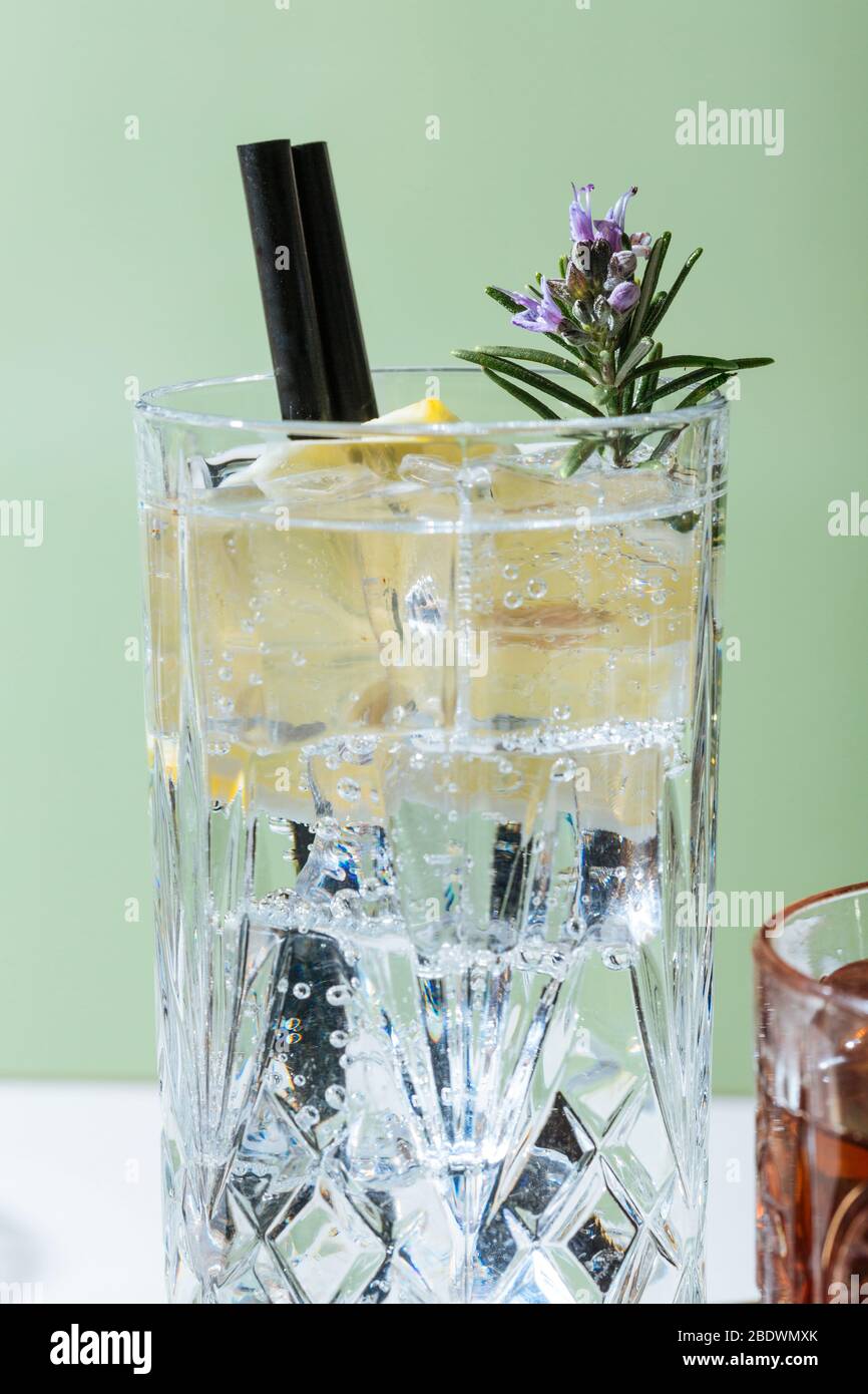 Cocktail tonico gin, con limone e rosmarino fiorito, su un tavolino. Estetica vintage Foto Stock
