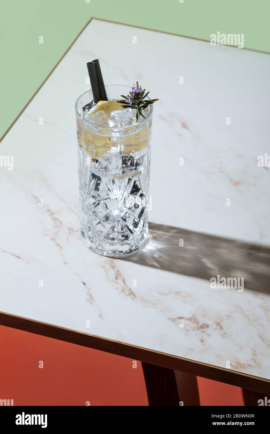 Cocktail tonico gin, con limone e rosmarino fiorito, su un tavolino. Estetica vintage Foto Stock