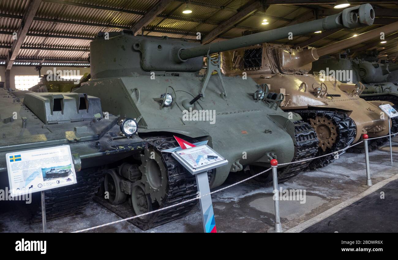 23 marzo 2019 Regione di Mosca, Russia. Il principale serbatoio americano medio del periodo della seconda guerra mondiale M4 Sherman nel Museo Centrale di armi blindate e. Foto Stock